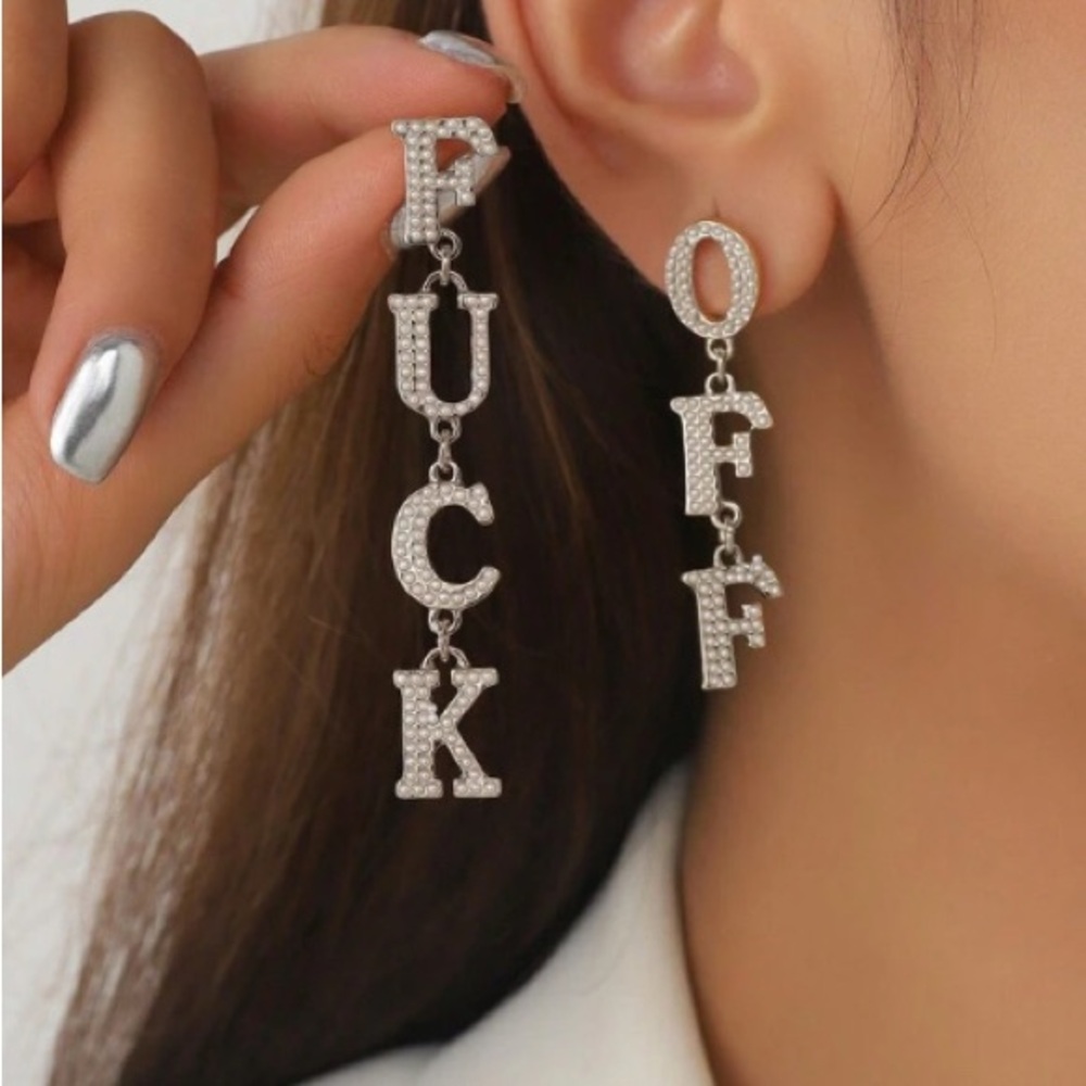 Silver Rhinestone Letter Drop Earrings - FVCK / OFF